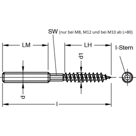 25 Stk. Stockschrauben  8 x 200 mm Torxantrieb, Schlüsselfläche